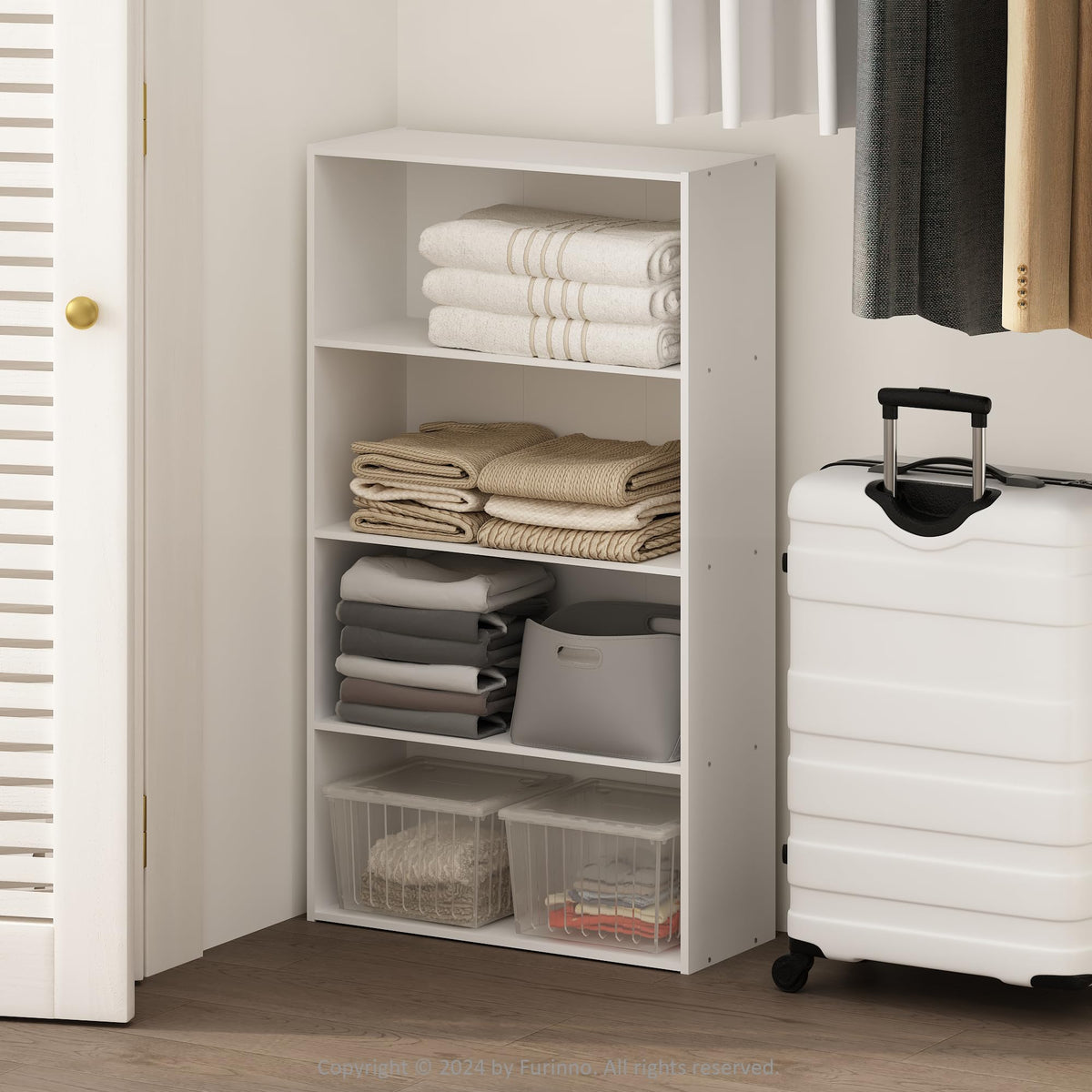 White 4 Tier Closet Shelf Organizer, 23.6 Inch Wide Open Tower