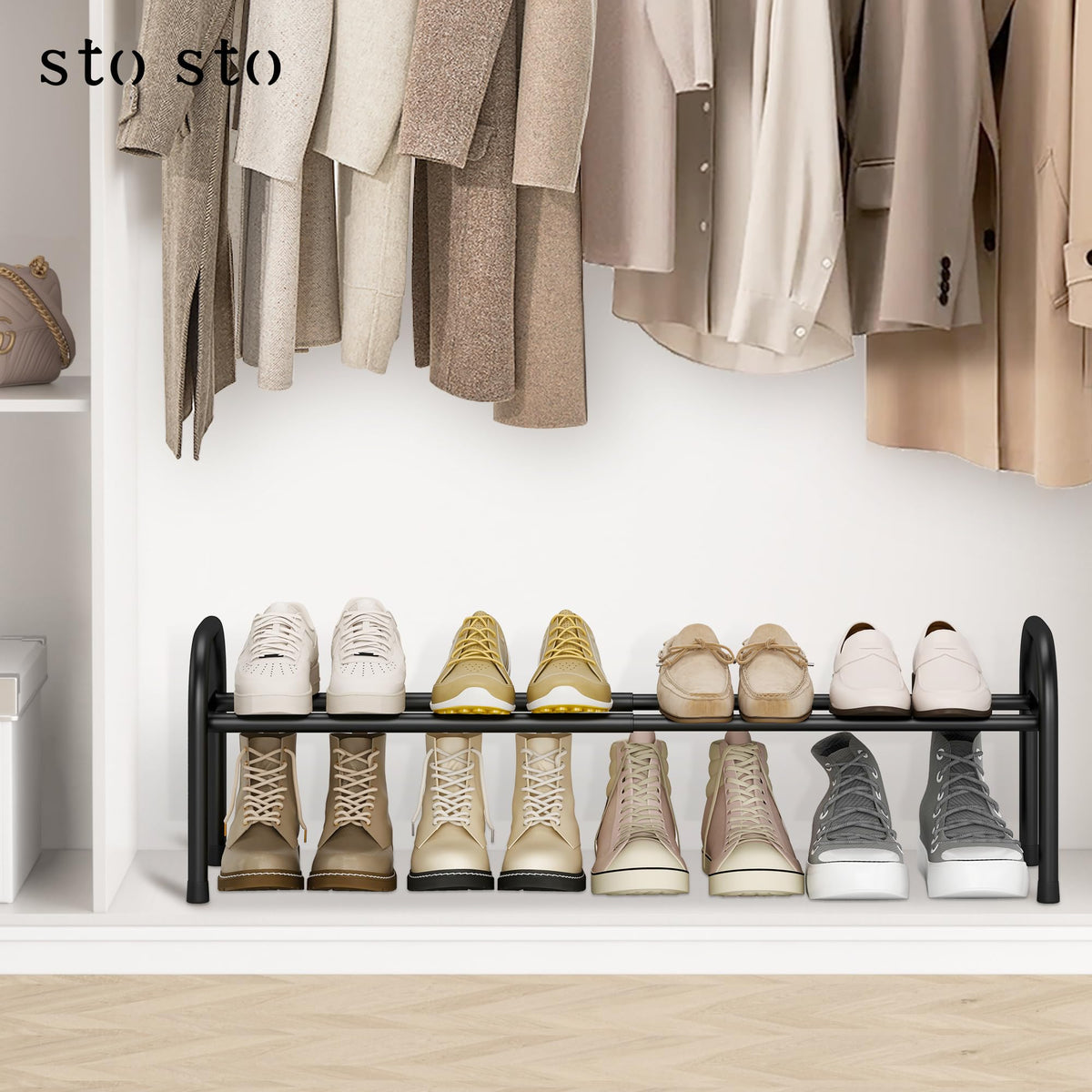 Expandable Black Metal Shoe Rack, 1 Tier, 17.7 to 33.1 Inch, 8 Pairs