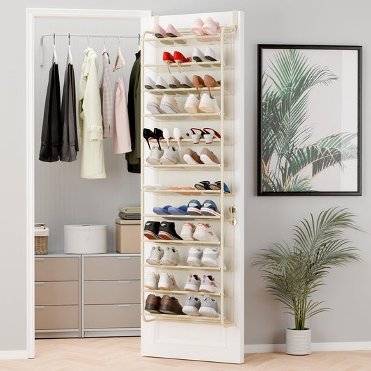 12 Tier Over the Door Shoe Rack, Metal and Mesh, 36 Pairs, Beige