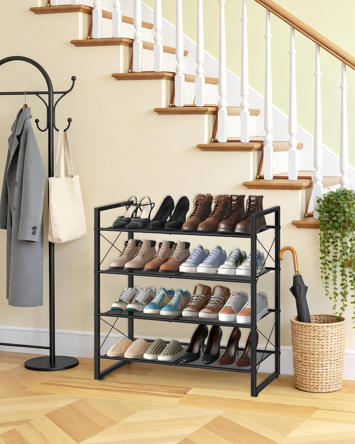 4 Tier Black Shoe Rack with Mesh Shelves and Adjustable Feet, 30 Inch