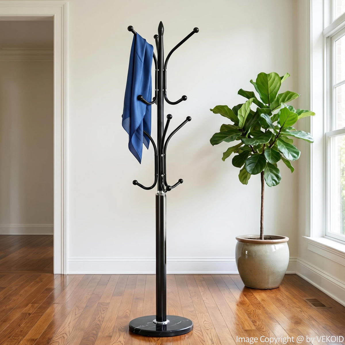 Marble Base Coat Rack with 12 Hooks, 71 Inch, Black Steel