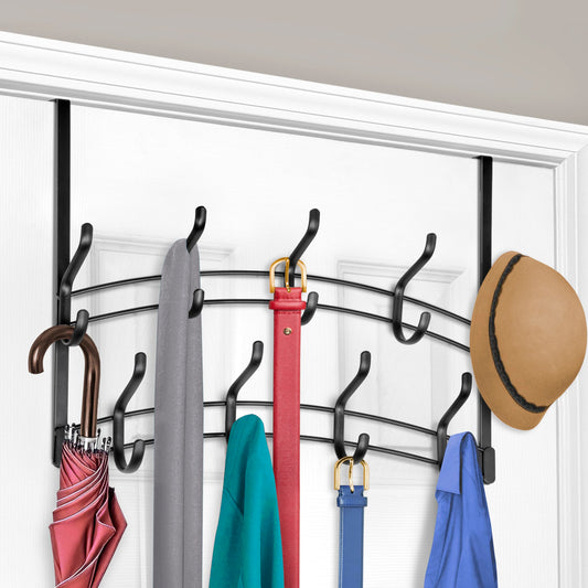 18 Hook Over the Door Rack, 2 Staggered Rows, Black Steel