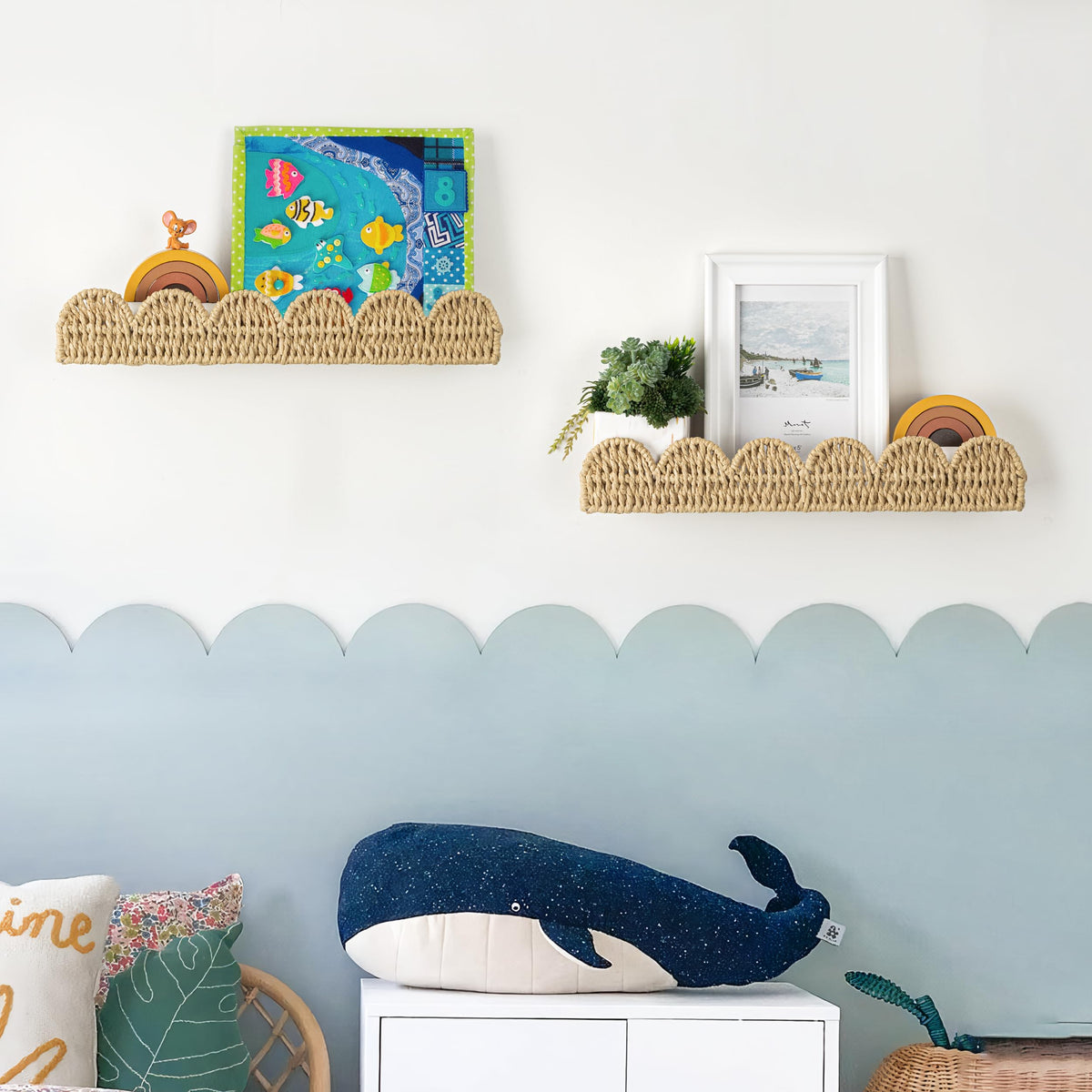 Scalloped Woven Wall Shelves, Set of 2, Beige Nursery Book Ledge