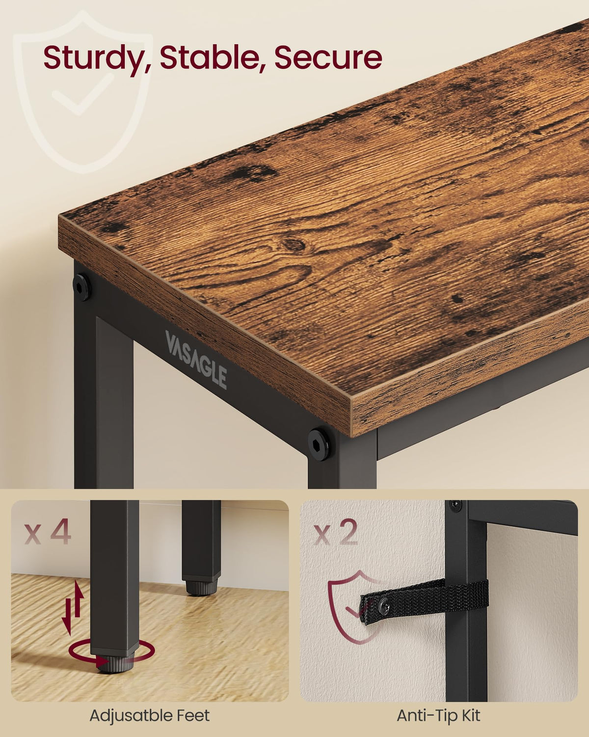 Narrow 2 Tier Console Table, 31.5 Inch, Rustic Brown and Black Steel