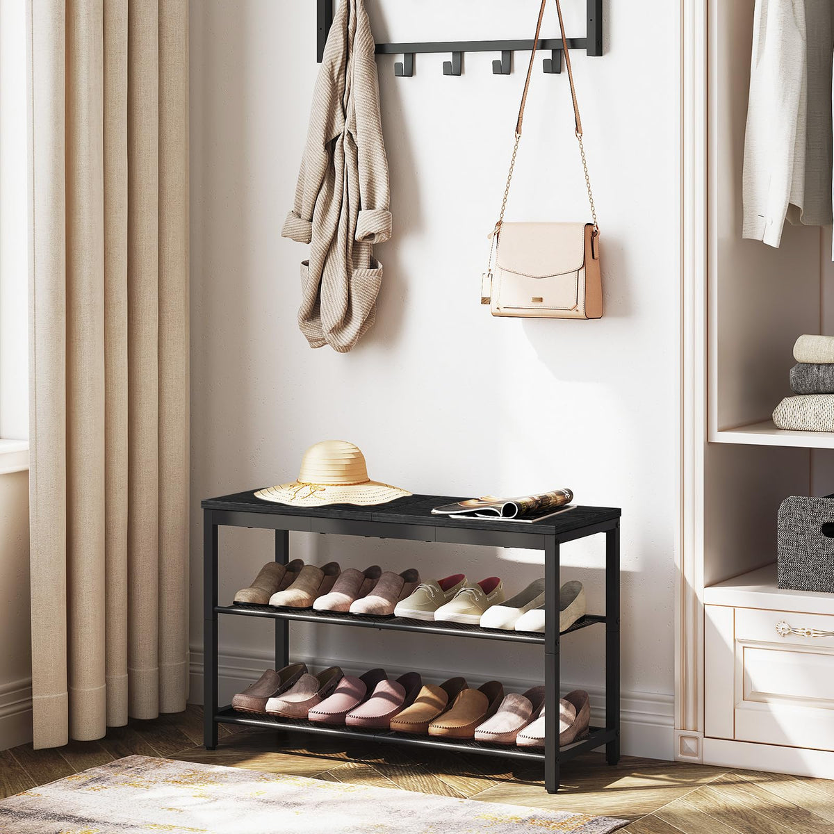 Industrial Shoe Bench, 3 Tier, Black, 29.5 Inch with Mesh Shelves