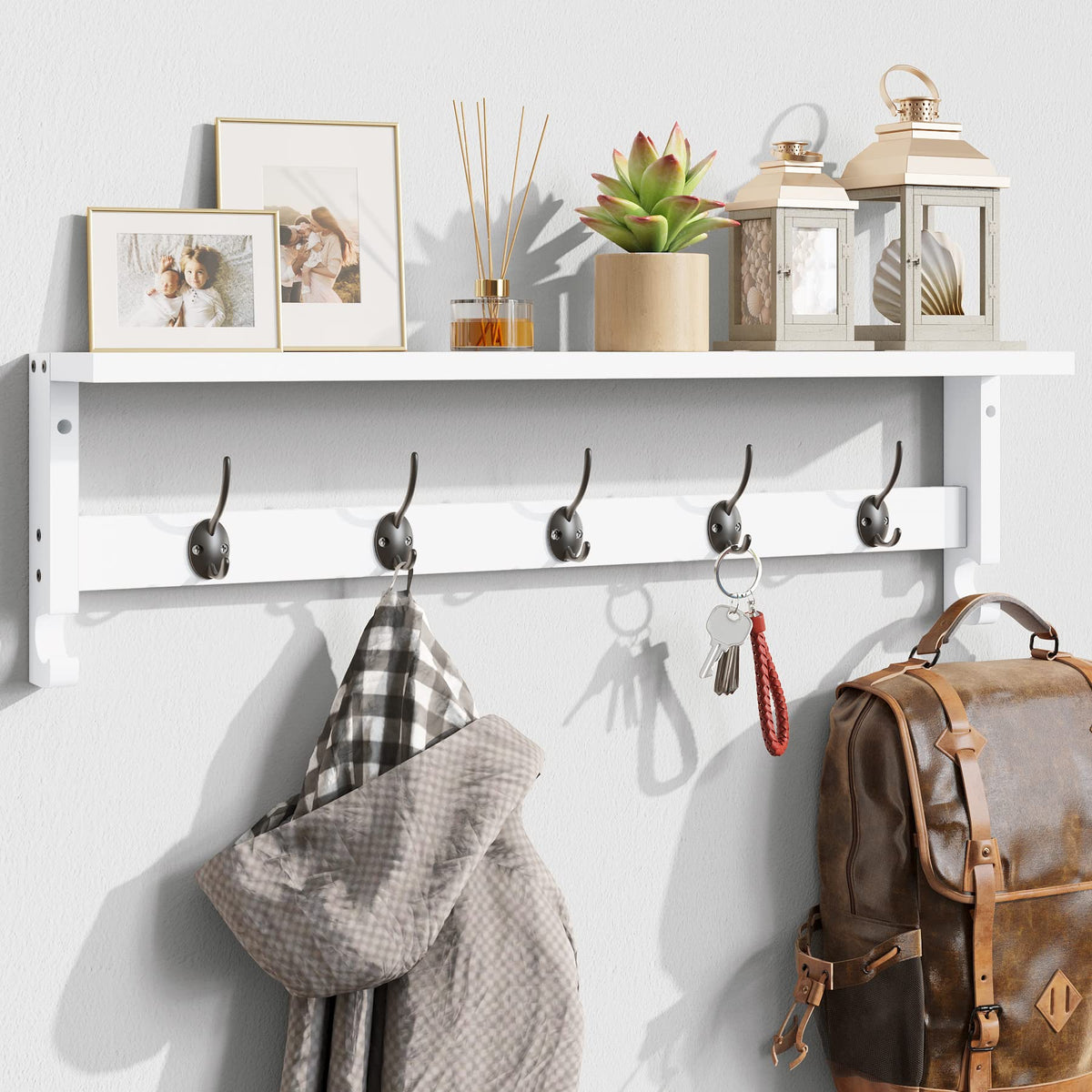 White Wall Coat Hooks with Shelf, 28.9 Inch, 5 Hooks