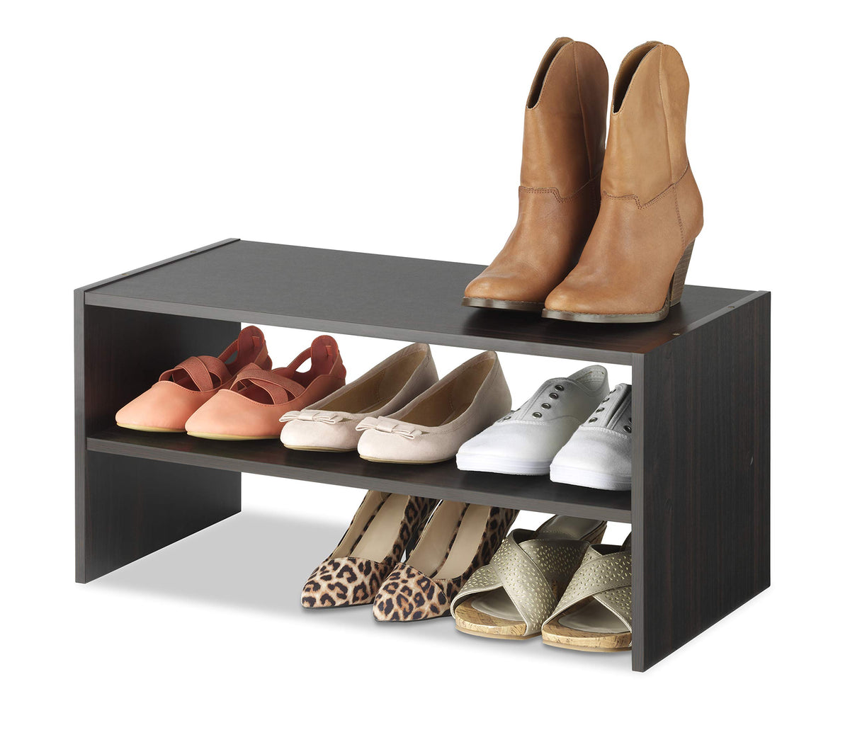 Stackable 2 Shelf Wood Shoe Rack, 24 Inch, Espresso, Holds 9 Pairs