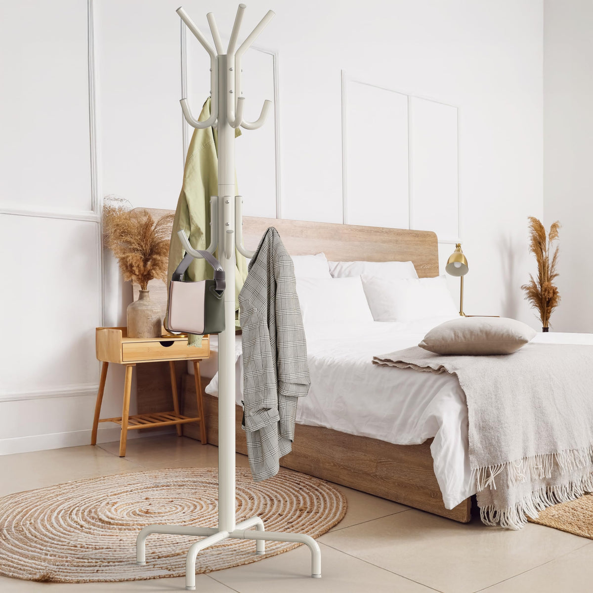 Freestanding Coat and Hat Stand, 12 Hooks, White Metal, 72 Inch