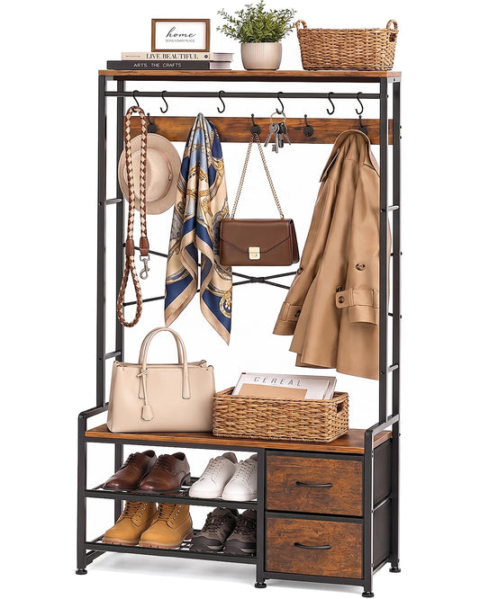 Tree with Bench, 11 Hooks and 2 Fabric Drawers, Rustic Brown