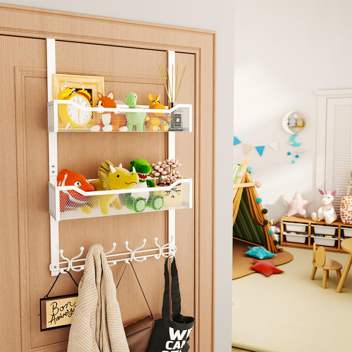 White Over the Door Rack, 16 Hooks and 2 Mesh Baskets, Steel