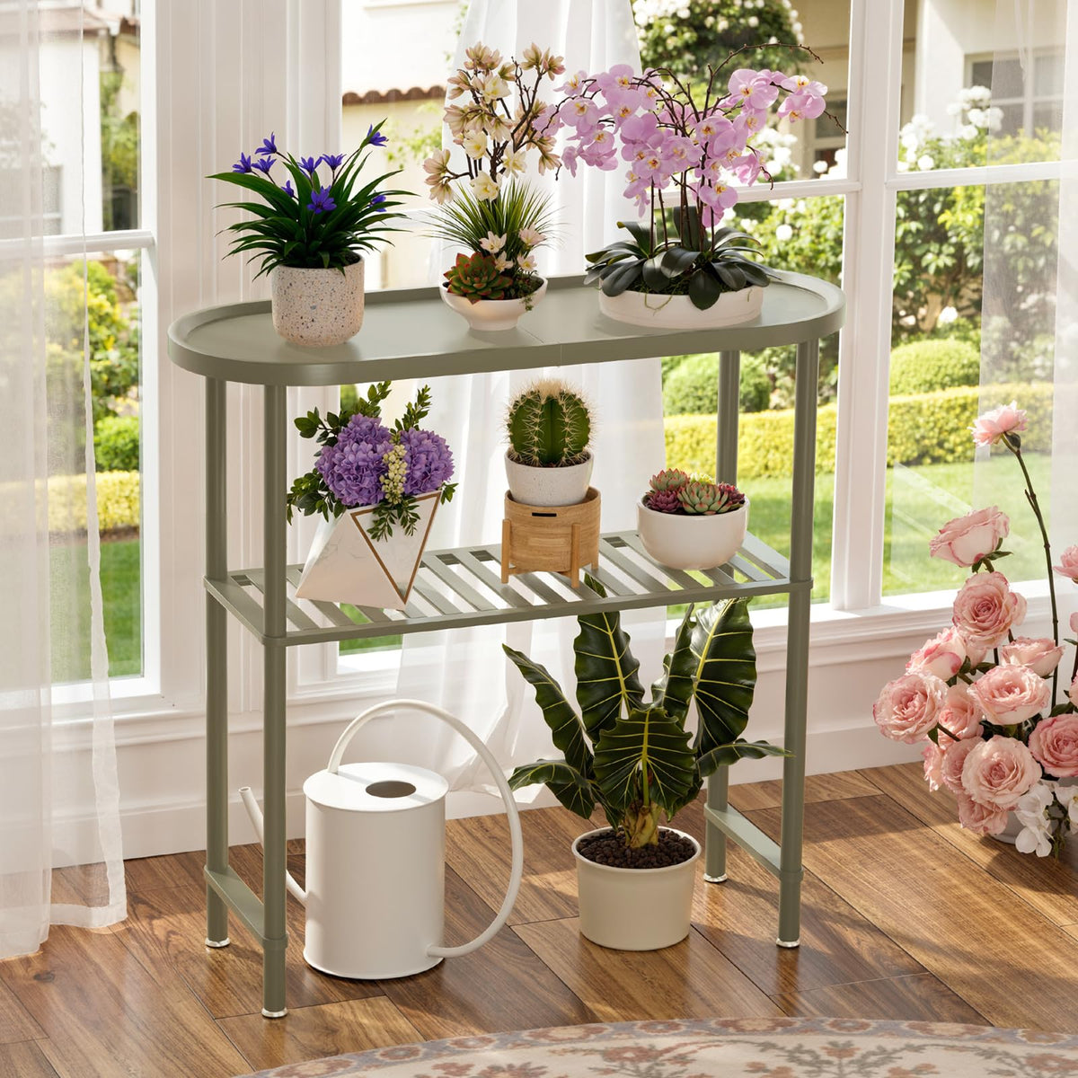 Green Bamboo Console Table, 30.7 Inch 2 Tier with Raised Edge Top