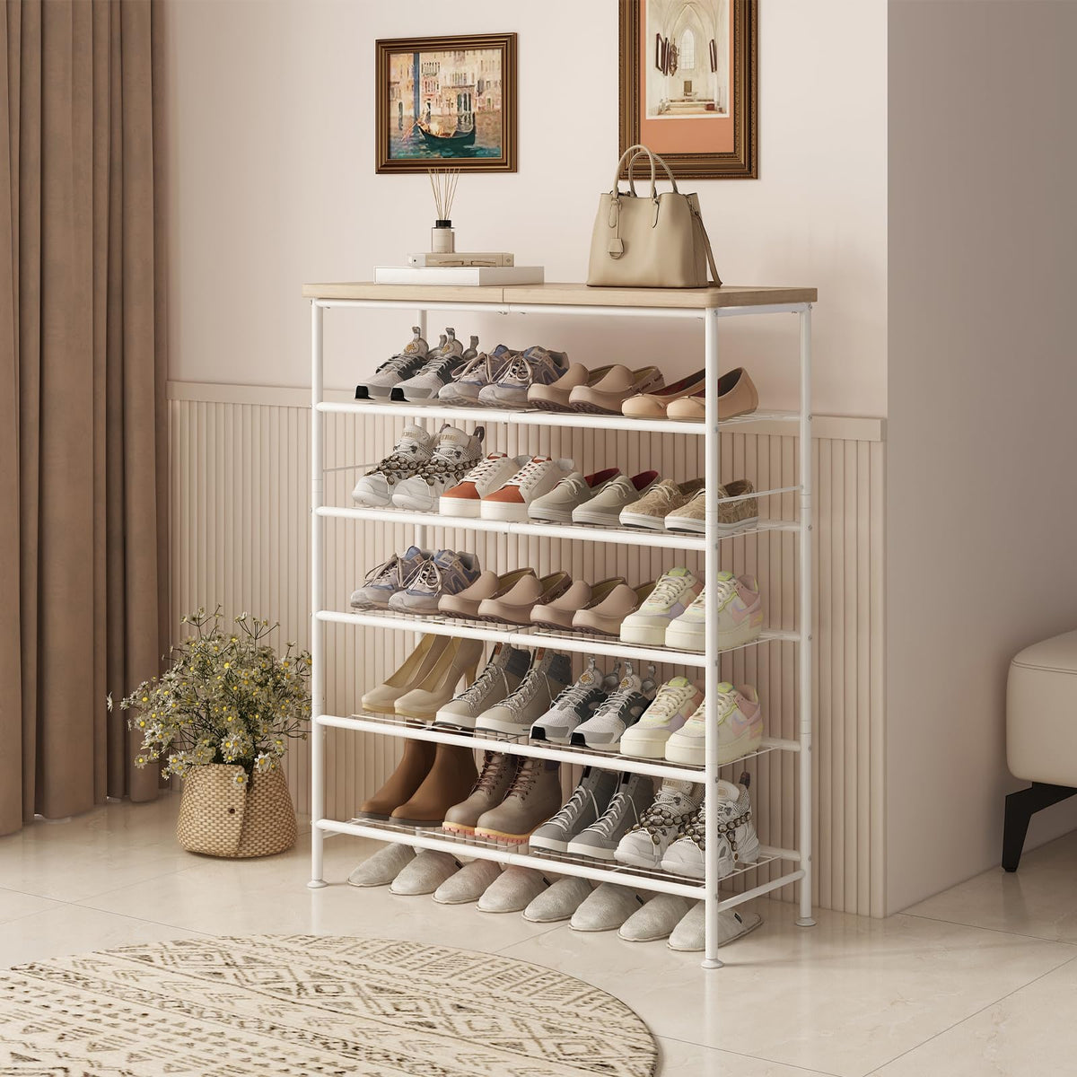 White and Oak 6 Tier Shoe Rack with Wood Tabletop, 31.5 Inch