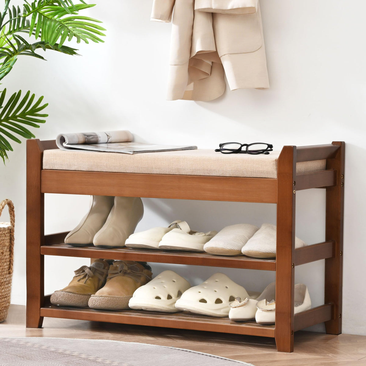 Cushioned Bamboo Shoe Bench, 28 Inch Entryway Seat with Shoe Shelf, Brown