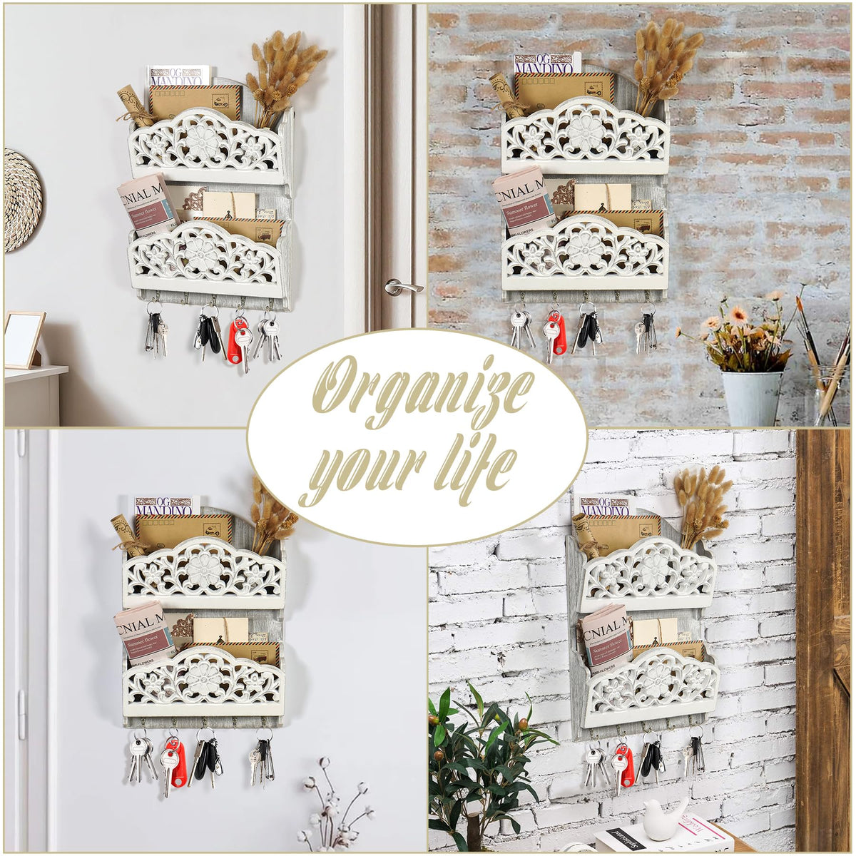 White Wood Mail and Key Holder, 2 Slots, 5 Hooks, Cut-Out Pattern