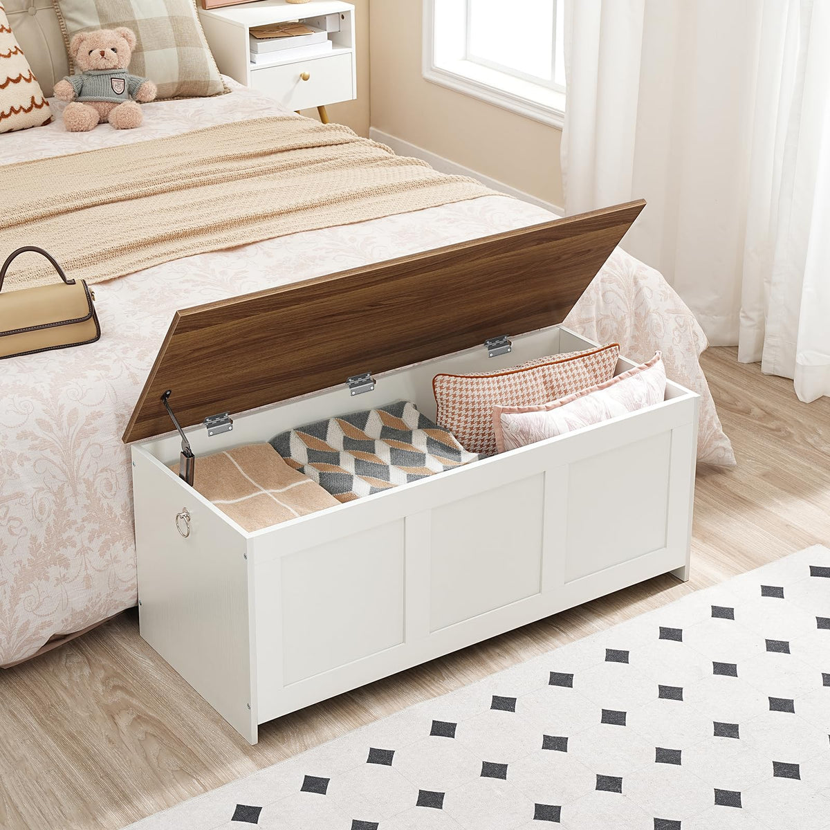 Lift Top Storage Bench, 39.3 Inch Wood Chest, White and Walnut