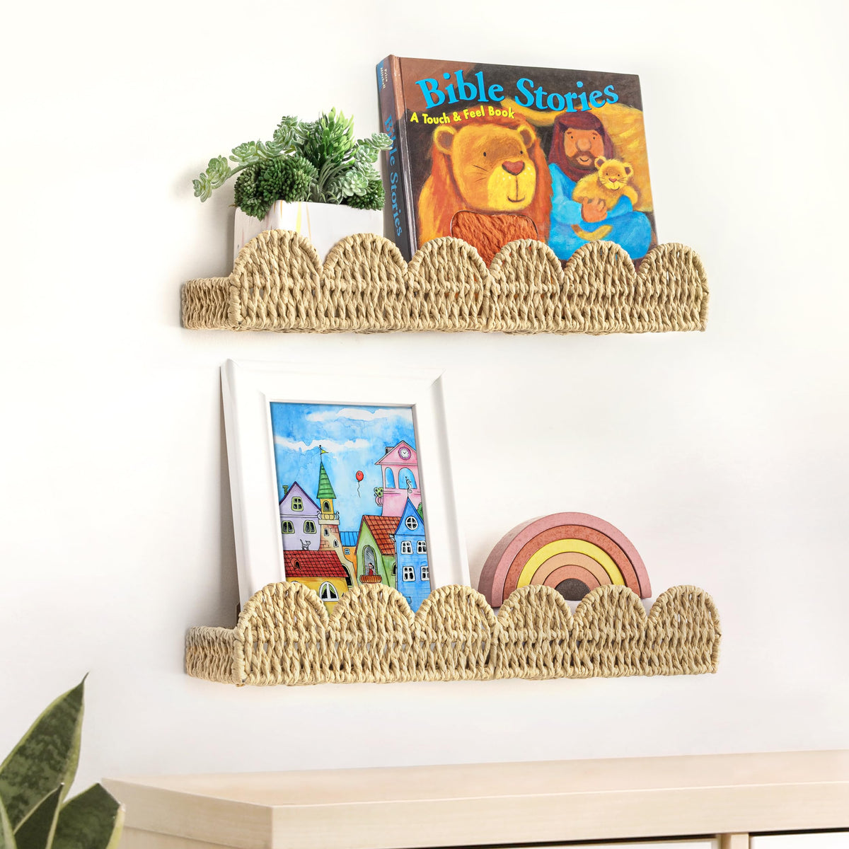 Scalloped Woven Wall Shelves, Set of 2, Beige Nursery Book Ledge