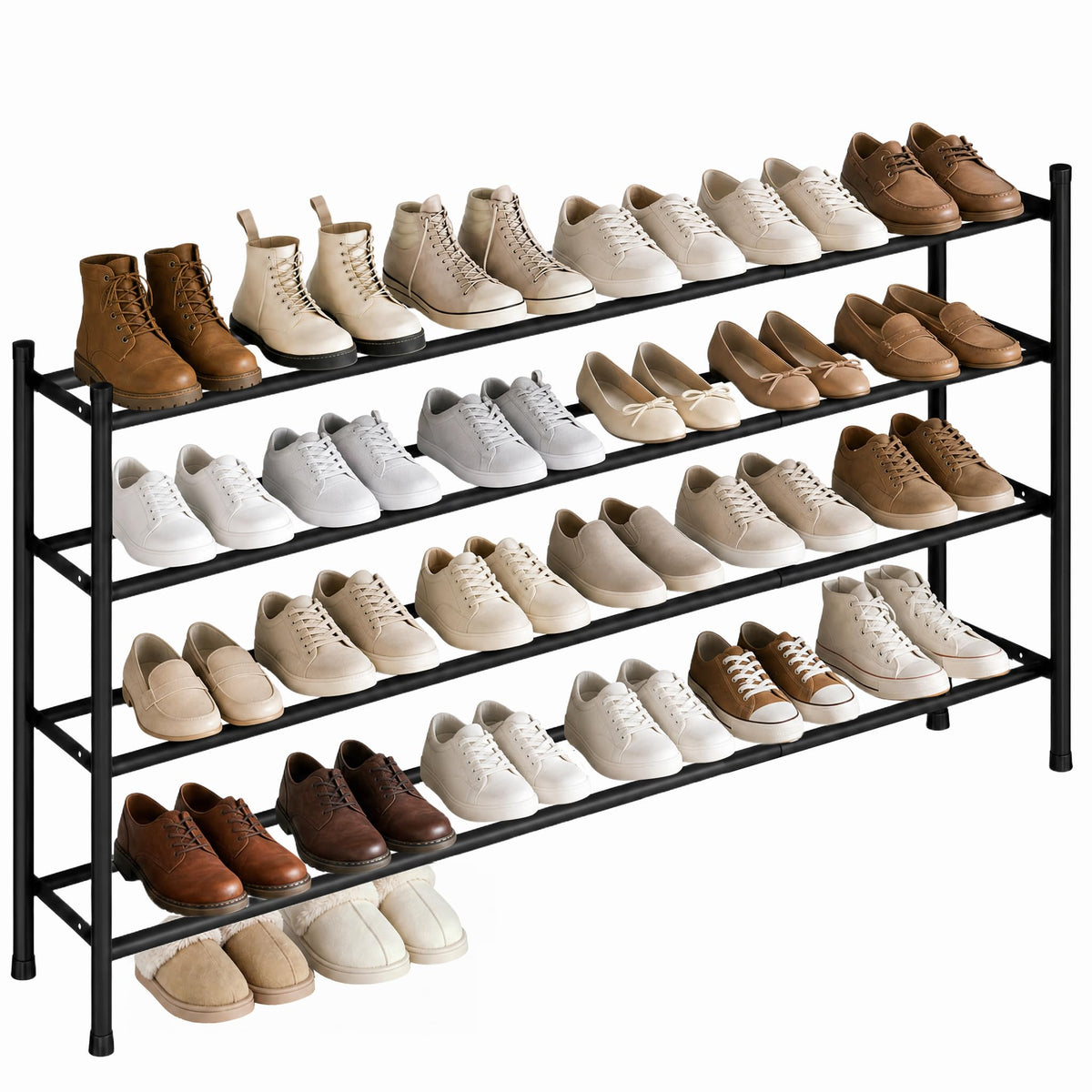 Black Metal Shoe Organizer, Extends 33 to 47 Inch, 4 Shelves for 24 Pairs