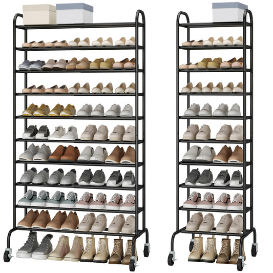 10 Tier Tall Expandable Shoe Rack, Holds 44 Pairs, Black Metal