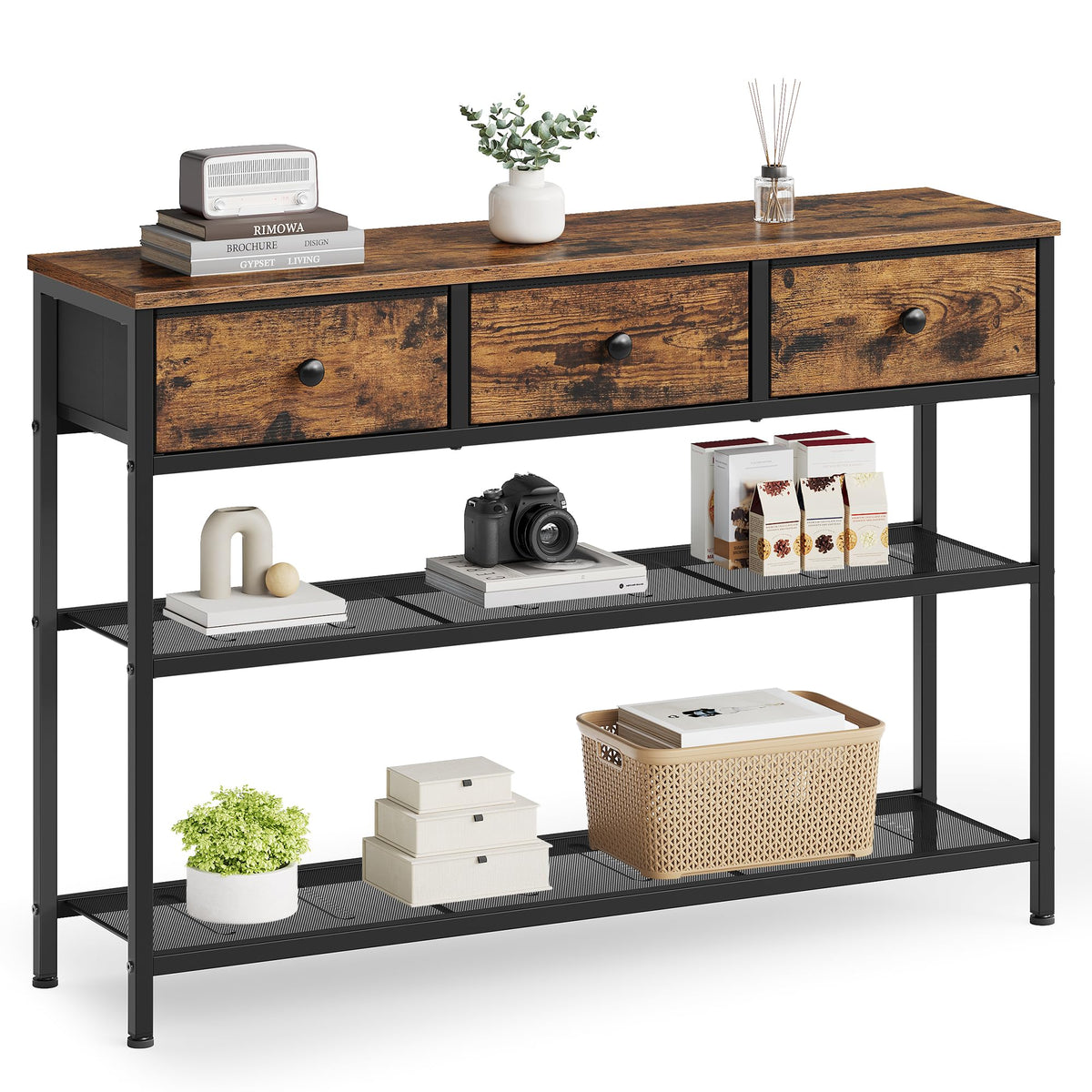 Slim Hallway Sofa Table, Rustic Brown, 3 Cloth Bins and 2 Mesh Shelves