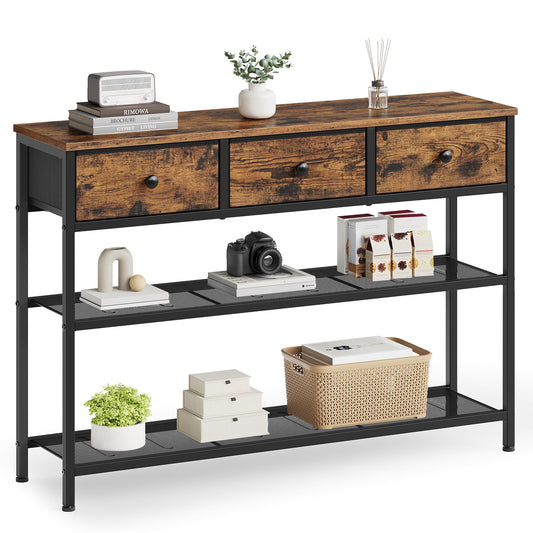 Slim Hallway Sofa Table, Rustic Brown, 3 Cloth Bins and 2 Mesh Shelves