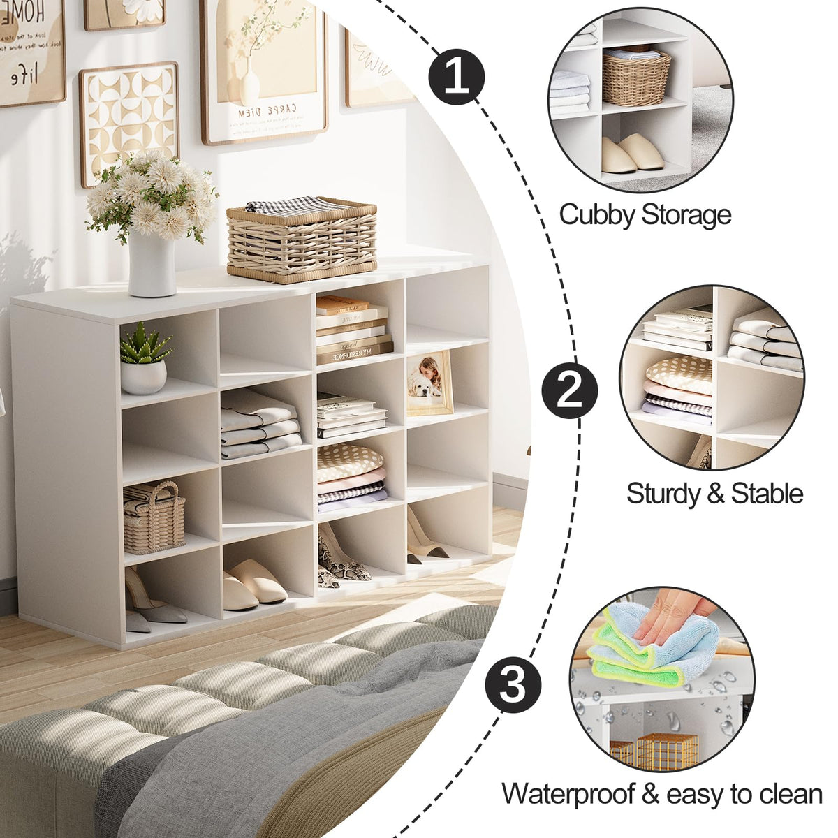 16 Cube Shoe Organizer, 4 Tier White Wood Cubby Rack