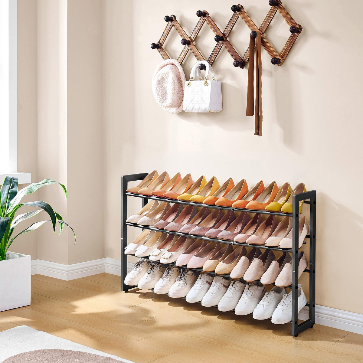 4 Tier Expandable Shoe Rack, 29.3 to 41.5 Inch Wide, Black Metal