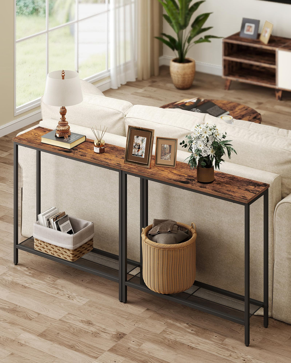Narrow 2 Tier Console Table, 31.5 Inch, Rustic Brown and Black Steel