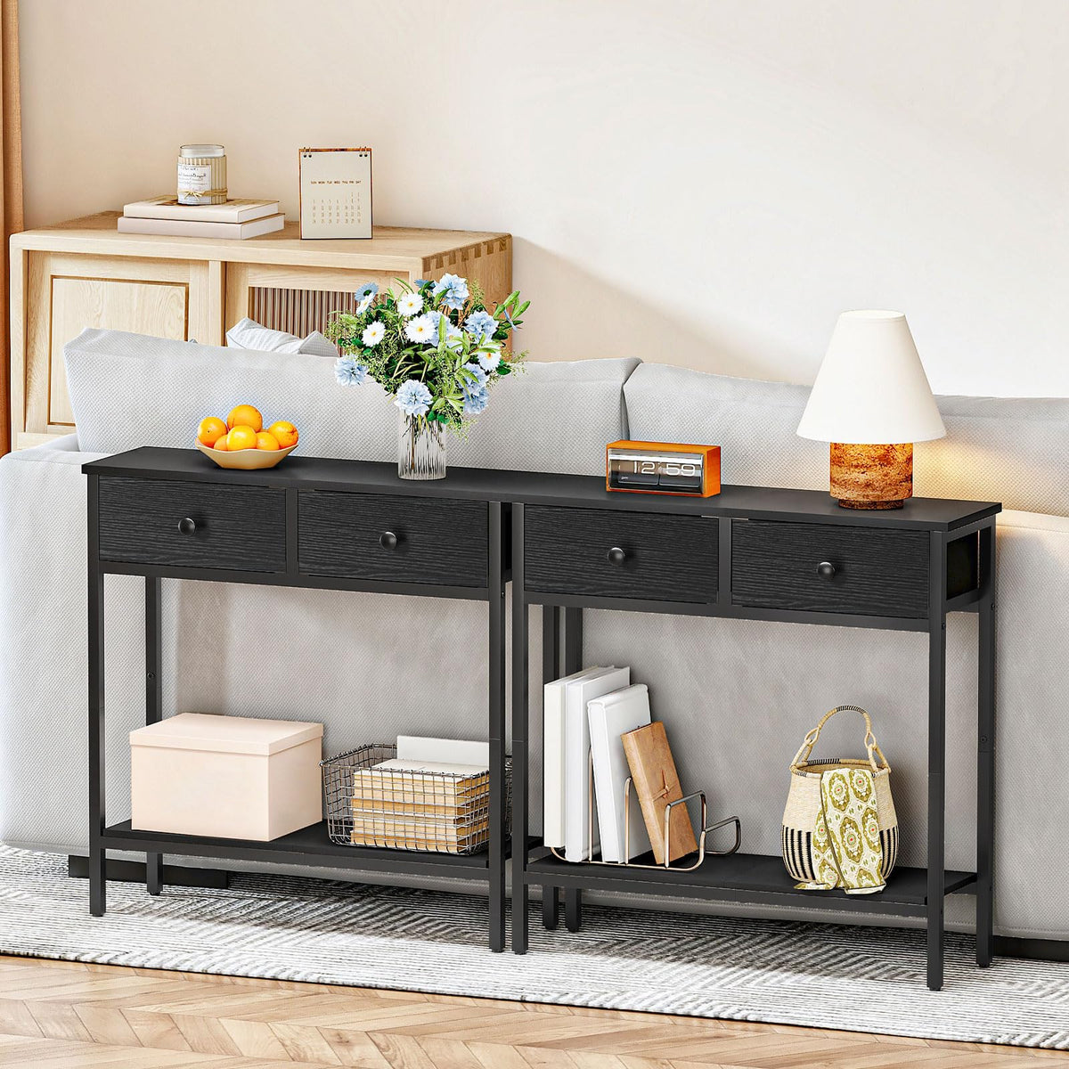 Black Entryway Table with 2 Fabric Drawers, 29.5 Inch Slim Design