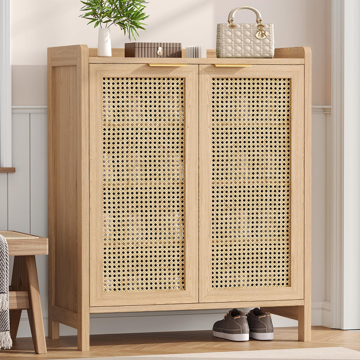 Rattan Door Shoe Cabinet, Holds 12 to 16 Pairs, Natural Oak