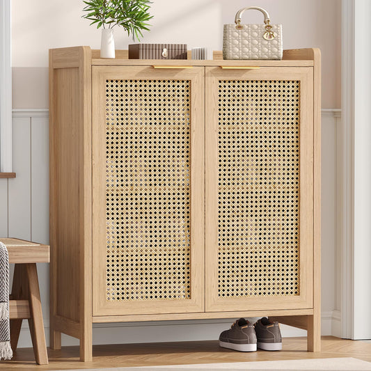 Rattan Door Shoe Cabinet, Holds 12 to 16 Pairs, Natural Oak