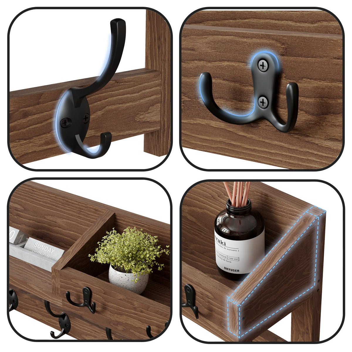 26.57 Inch Wall Shelf with 5 Double Coat Hooks and 3 Key Hooks, Brown