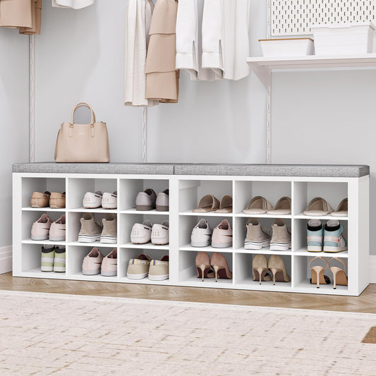 White Shoe Storage Bench with Cushion, 18 Cubbies, 59 Inch
