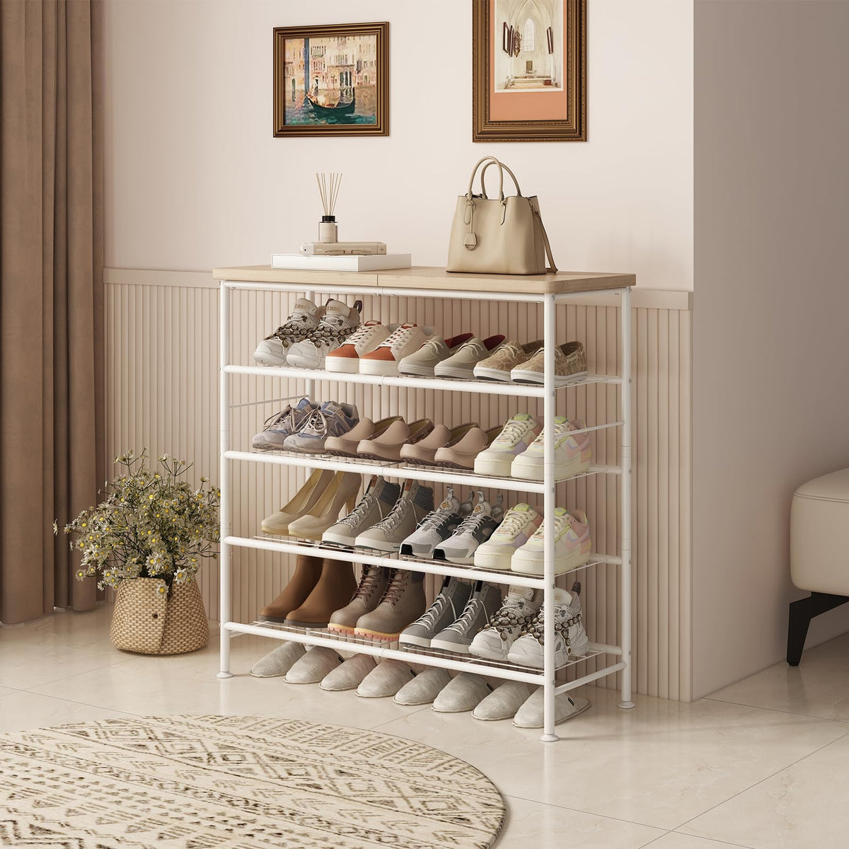 White and Oak 5 Tier Shoe Organizer with Wood Top Shelf
