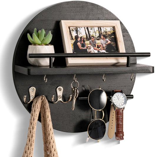Black Key and Mail Holder for Wall with Shelf, Rounded Wood Design