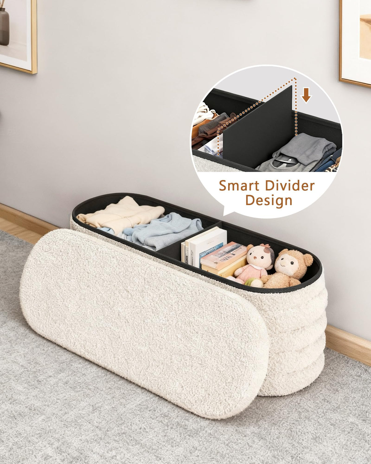 Oval Sherpa Storage Ottoman Bench, 43.3 Inch, White Foldable Seat