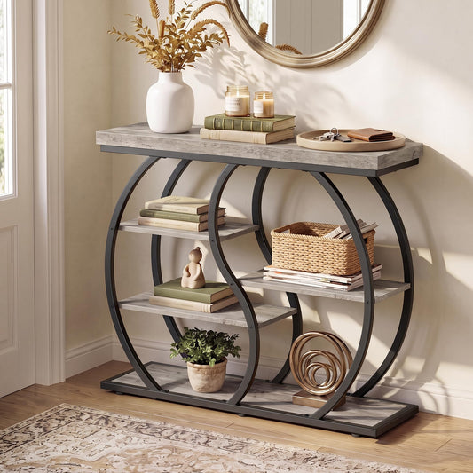 Curved 5 Tier Entryway Table, 39.4 Inch, Greige and Black