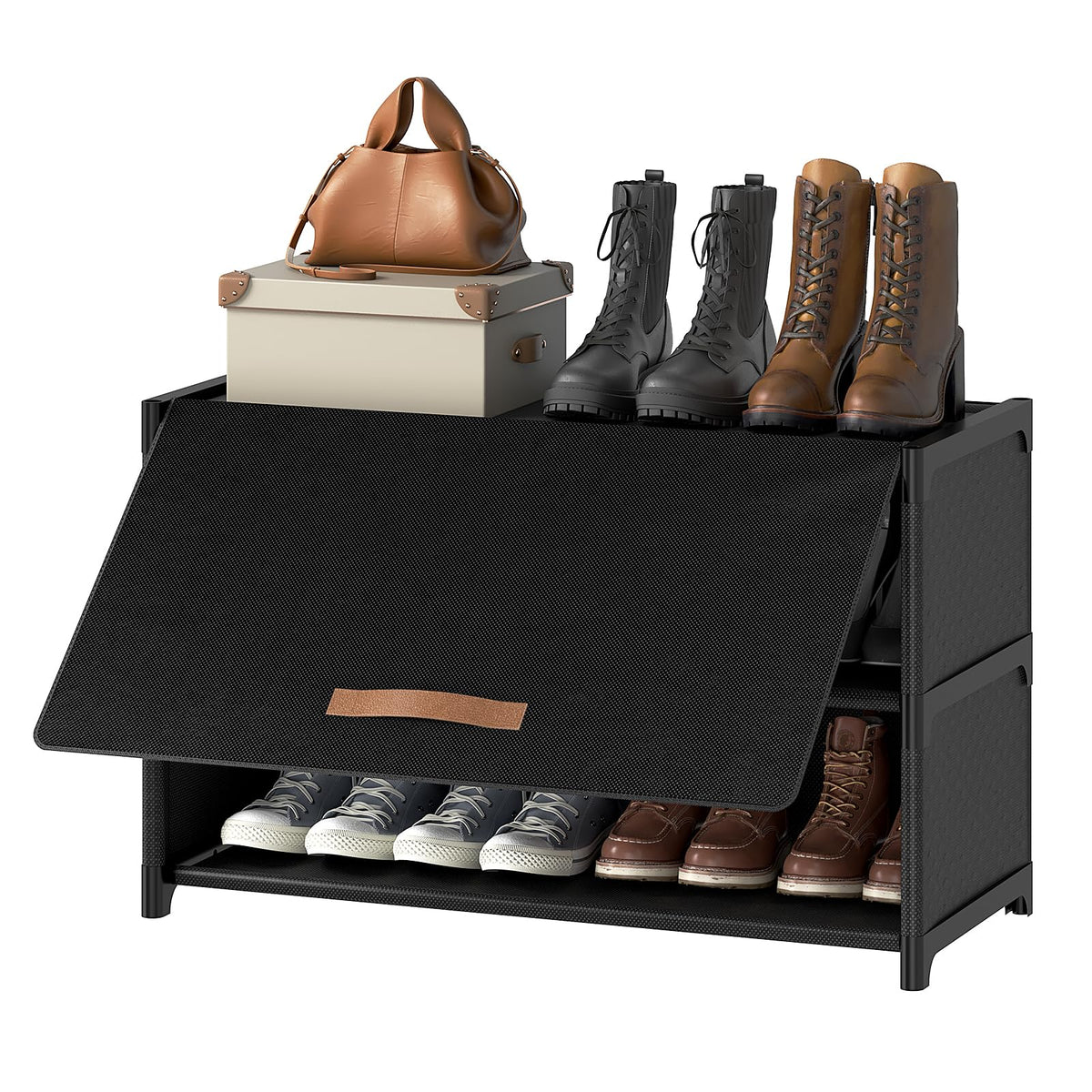 3 Tier Covered Shoe Cabinet, Holds 12 Pairs, Black Fabric