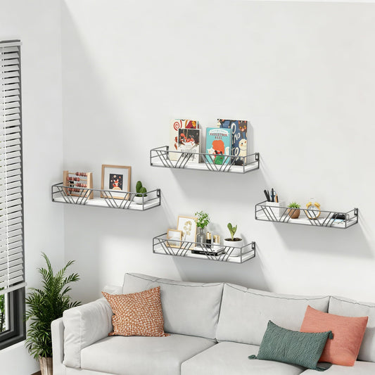 Grey Floating Shelves with Metal Rails, Set of 4 Wall Shelves
