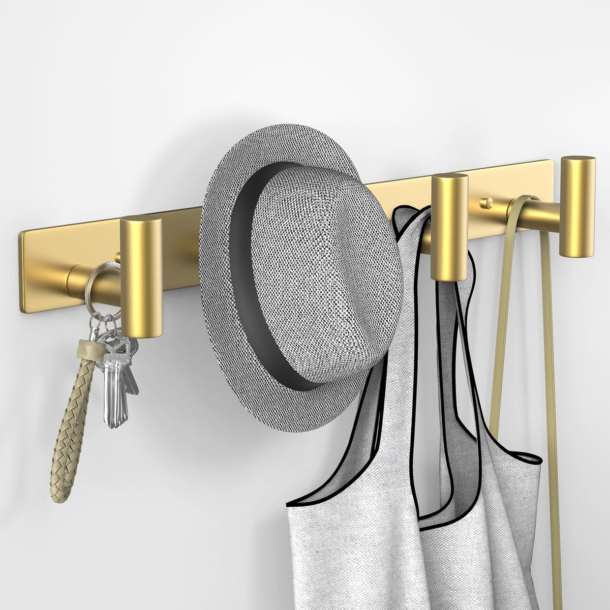 Gold Wall Hook Rail with 4 T Shaped Hooks, 11.8 Inch Stainless Steel