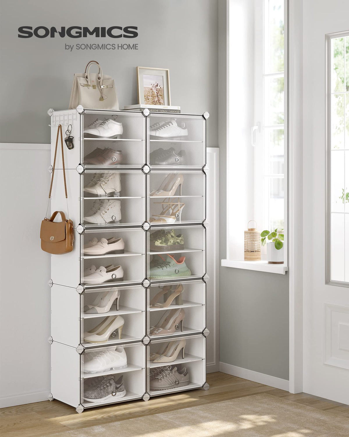 Shoe Storage Cabinet with Doors, 10 Cubes for 40 Pairs, White and Clear