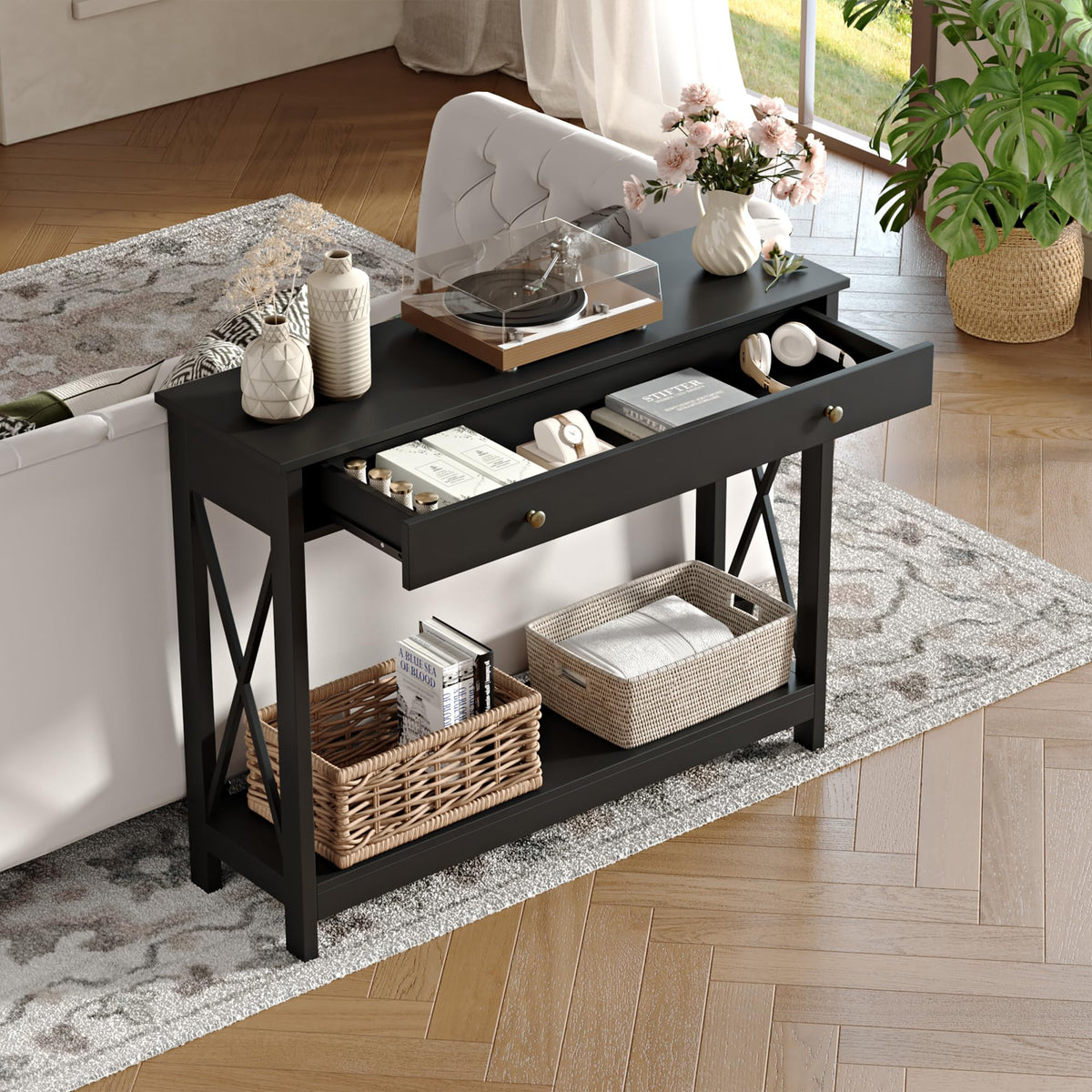 Black Narrow Console Table with Drawer and Bottom Shelf, 40 Inch