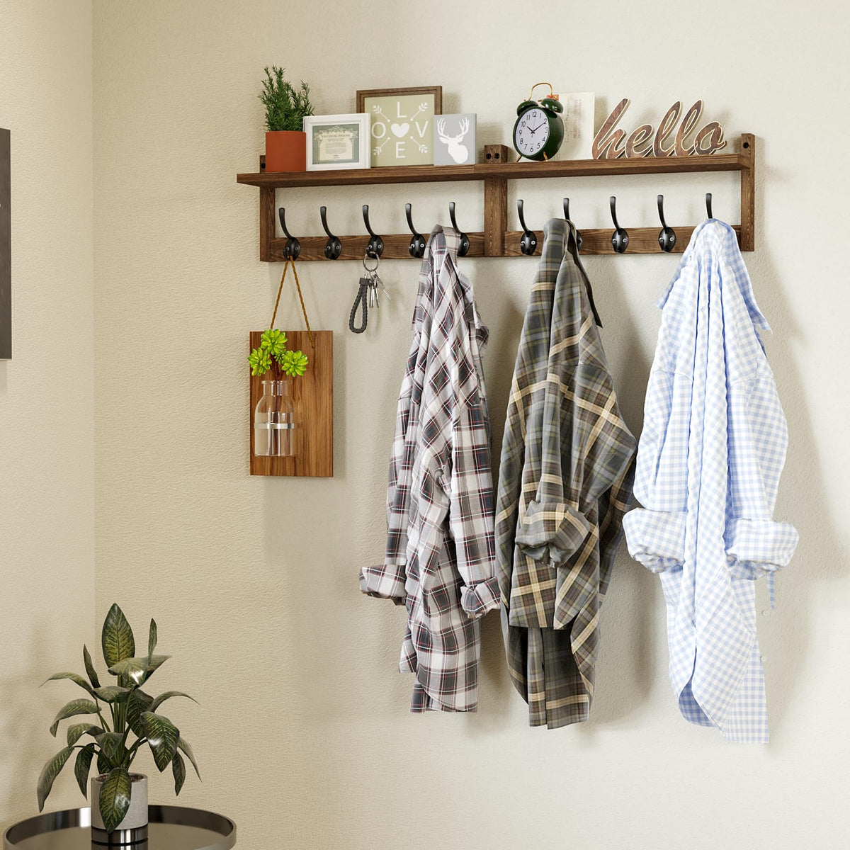 Long Wall Hook Rack with Shelf, 34.2 Inch, 10 Hooks, Brown Wood