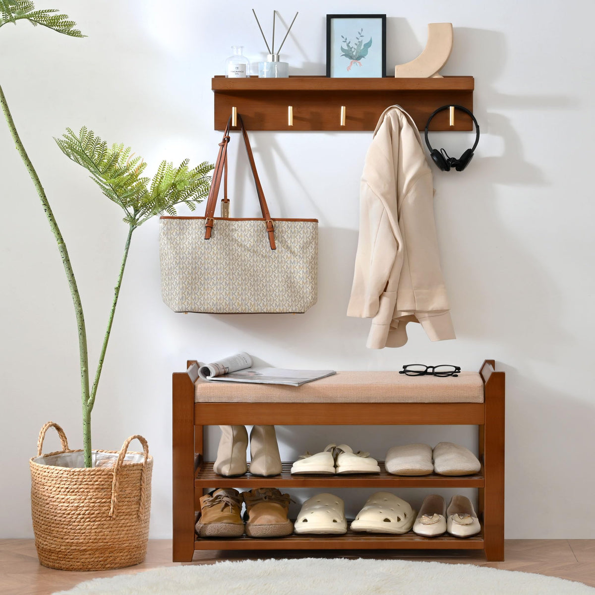 Bamboo Hall Tree Shoe Bench with Wall Coat Rack, 28 Inch, 5 Hooks, Brown