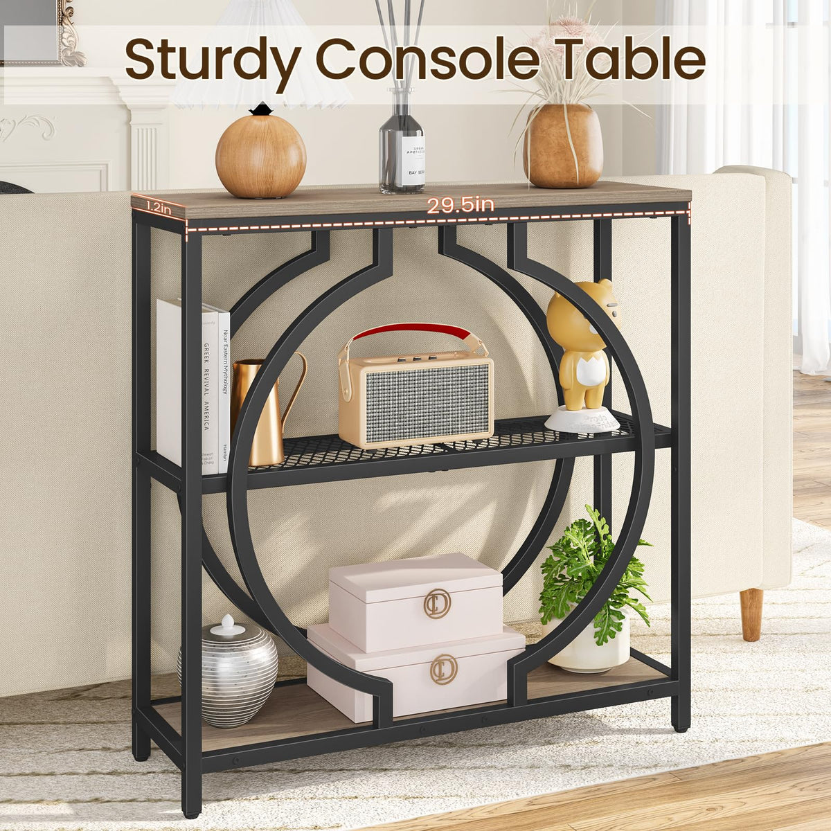 Narrow 3 Tier Console Table with Round Base, 29.5 Inch, Grey