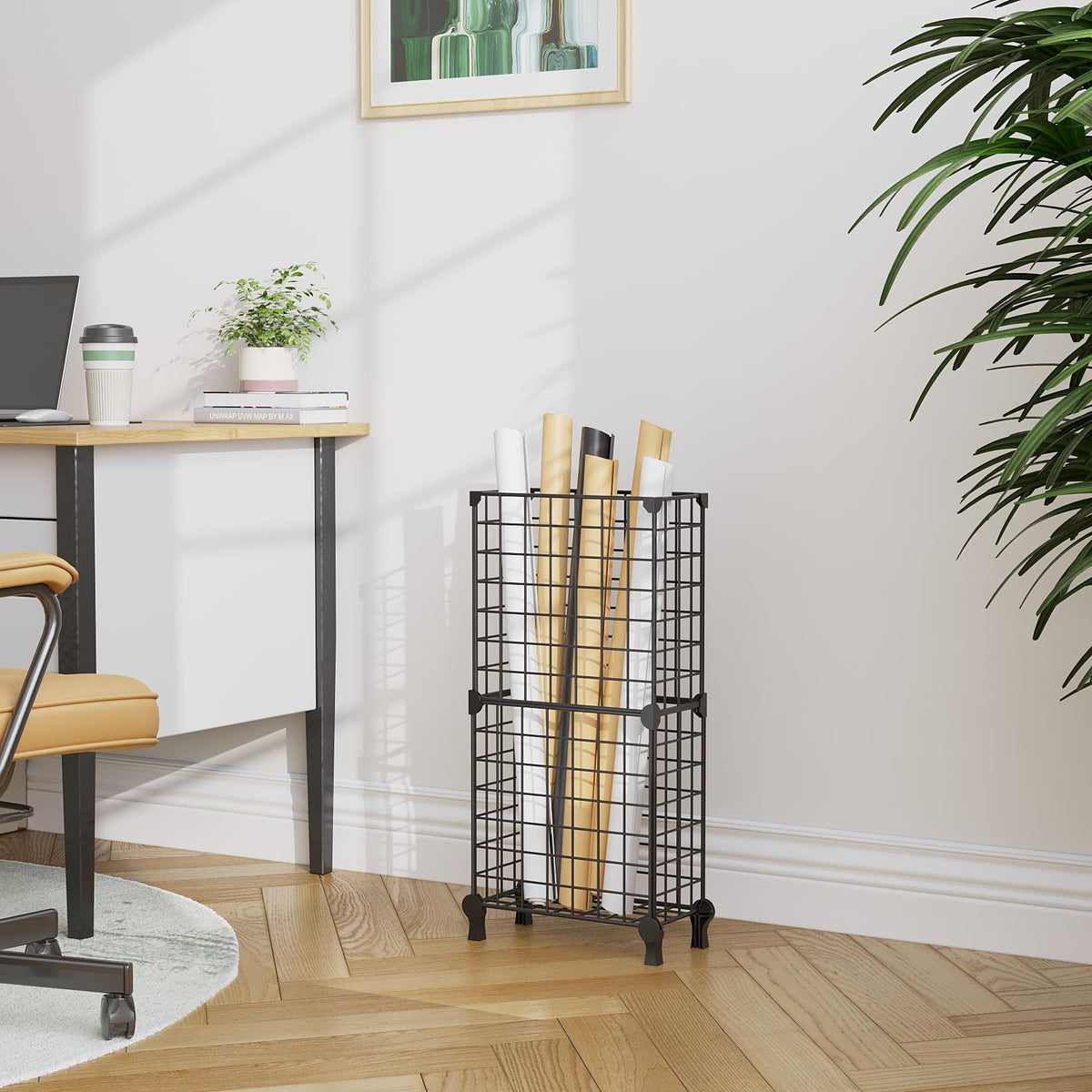 Black Metal Umbrella Stand with Drip Tray and Side Hooks
