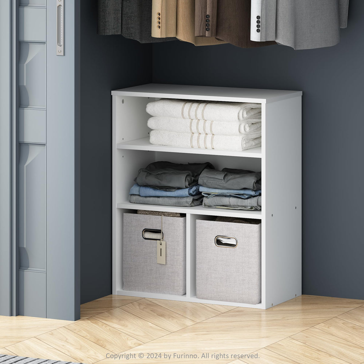 3 Tier Closet Organizer with Adjustable Shelf and 2 Cubes, White