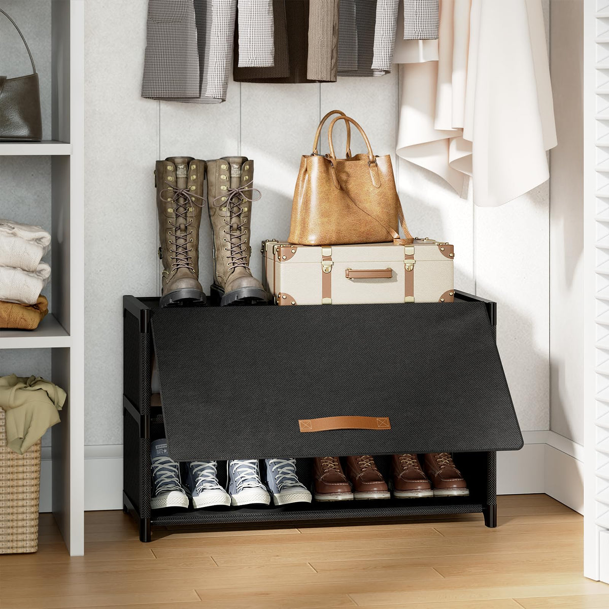 3 Tier Covered Shoe Cabinet, Holds 12 Pairs, Black Fabric