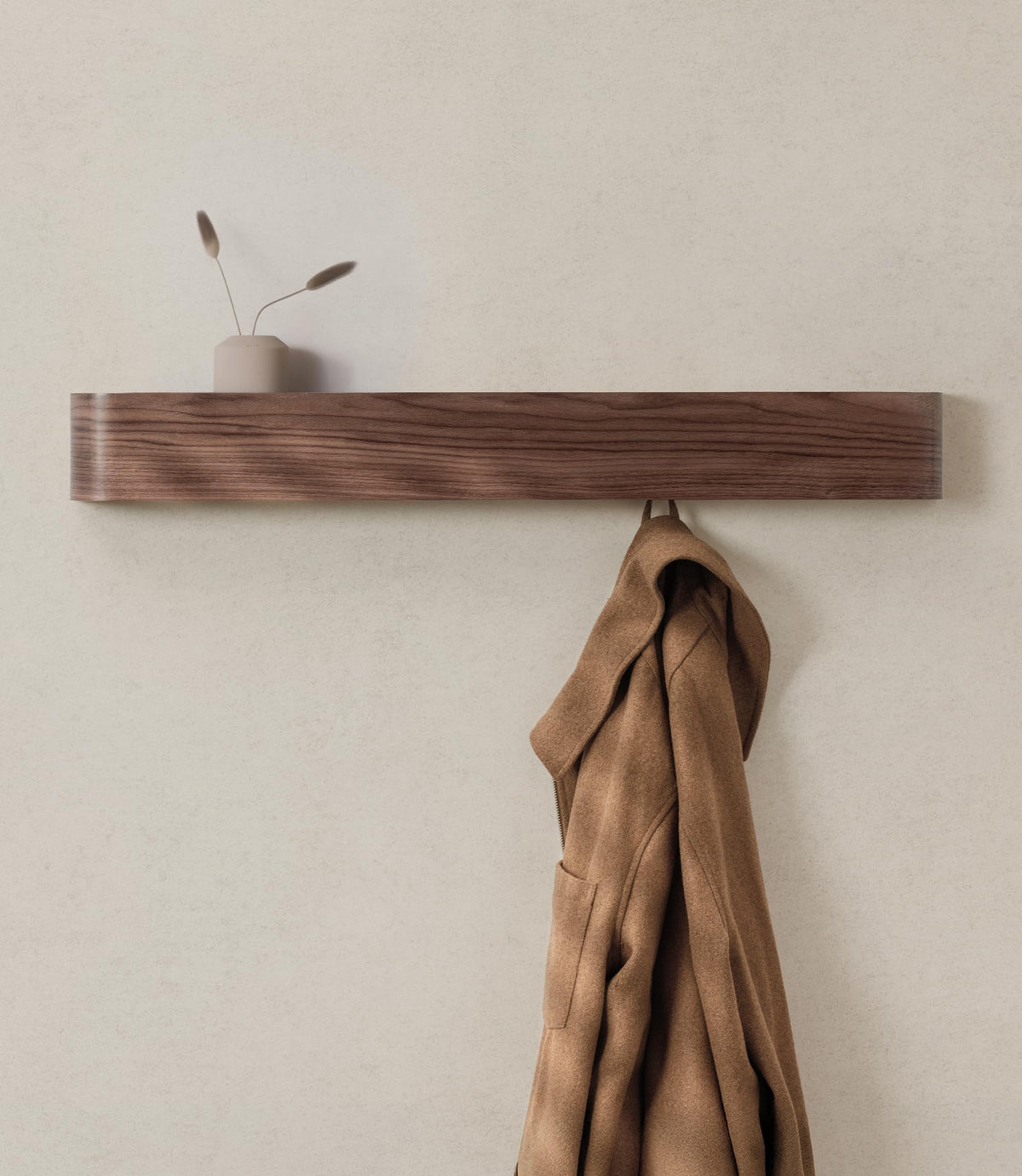 Long Walnut Wall Coat Rack, 32.3 Inch, 8 Hidden Hooks and Shelf
