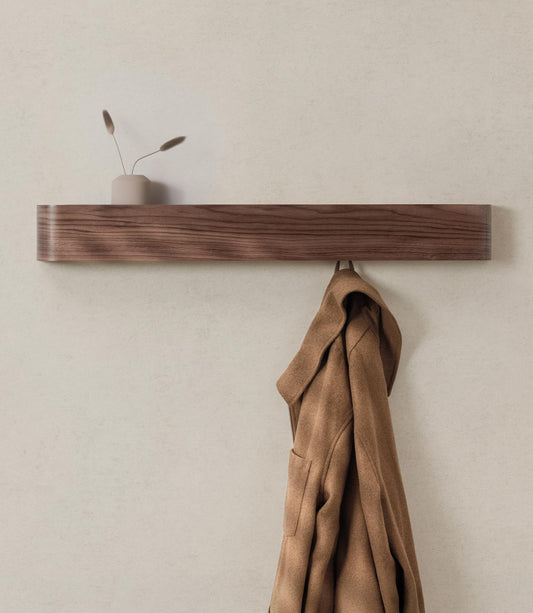 Long Walnut Wall Coat Rack, 32.3 Inch, 8 Hidden Hooks and Shelf