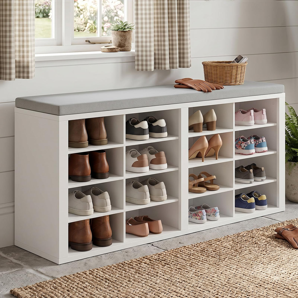 Shoe Storage Bench with 16 Cubbies and Cushion, White and Gray